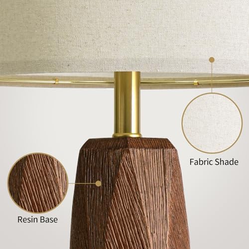 BOBOMOMO 27.5" Table Lamps Set of 2 with USB-A & USB-C Charging Ports, Wood Texture Resin Bedside Lamps with Linen Shade & Rotary Switch, Tall Nightstand Lamps for Bedroom, Living Room Office