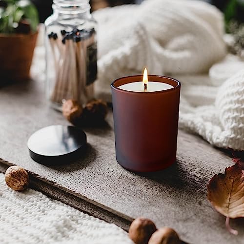 SHOWIN Thick Candle Jars for Making Candles 12 Pcs, 7 OZ Empty Jars with Wood Lids for Candle Making, Sample Container, Frosted Brown