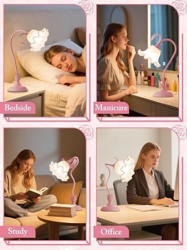 Flower Table Lamp LED Reading Light Vintage Night light (Pink Pearls)