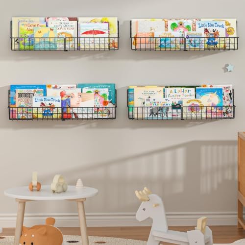X-cosrack 24 Inch Wall Mounted Kids Bookshelf, Floating Metal Book Shelves for Kids Nursery Toddler Classroom, Hanging Book Shelf Organizer for Room Decor, Black, Set of 4