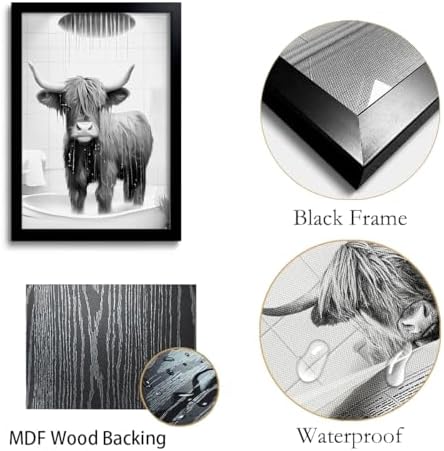 OIQArtOIQ Funny Bathroom Framed Wall Art Black and White Animal Canvas Wall Art Prints Highland Cow Shower Pictures Wall Decor Modern Minimalist Humorous Artwork For Restroom
