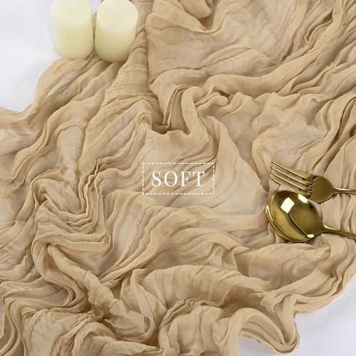10FT 6 Pcs Sand Cheesecloth Table Runner Boho Gauze Fabric Cheese Cloth Table Runner Decoration Rustic Semi Sheer Runner for Wedding Birthday Baby Shower Party Decor (Sand)