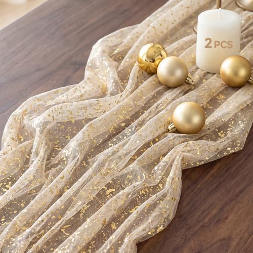 FEXIA 2Pcs Gold Table Runner 10FT Gauze Glitter Wedding Party Decorations
