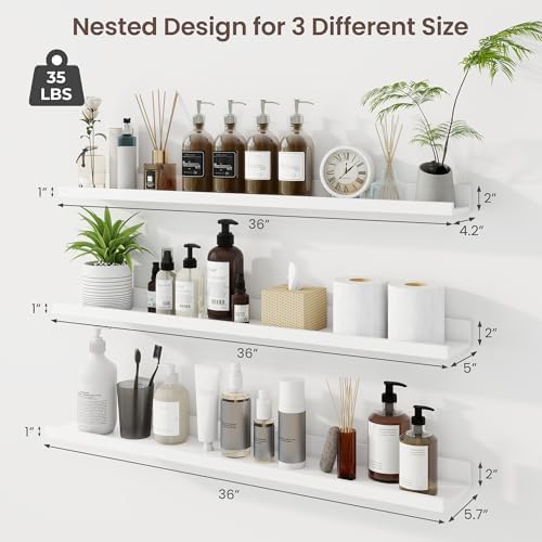 Axeman Picture Ledge Shelf, 36 Inch White Floating Shelves Set of 3