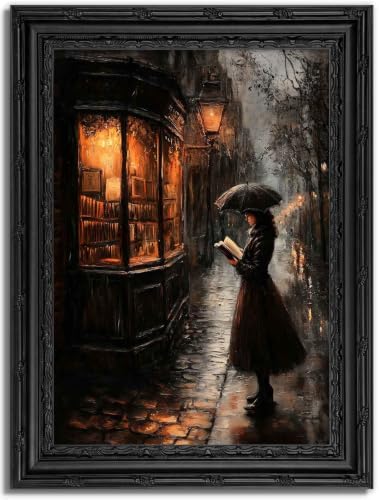 Vintage Black Framed Canvas Wall Art Victorian Woman Reading Bookish Painting Picture Wall Decor Dark Moody Academia Poster Prints Artwork for Living Room Bedroom Study 12x16in