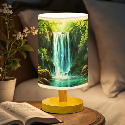 Waterfall in The Green Forest Table Lamp LED 3-Color Pressed Bedside, Waterfall in The Green Forest Shade Lamp with Wood Base for Bedroom Living Room Desk Office TL01