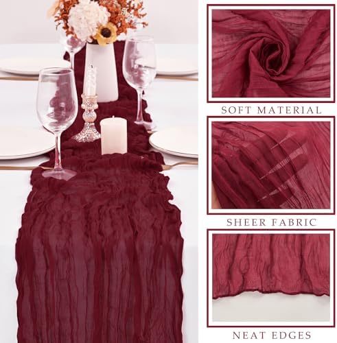 10FT Burgundy Cheesecloth Table Runner Gauze Fabric Boho Cheese Cloth Table Runner Rustic Semi Sheer Runner for Wedding Holiday Bridal Shower Birthday Party Table Decor (35 x 120 Inches Long)