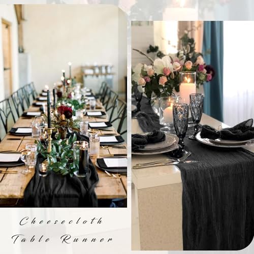 Black Cheesecloth Table Runner 10FT Gauze Fabric Boho Cheese Cloth Table Runner Decoration Rustic Semi Sheer Runner for Wedding Birthday Baby Bridal Shower Party Table (35 x 120 Inches Long)
