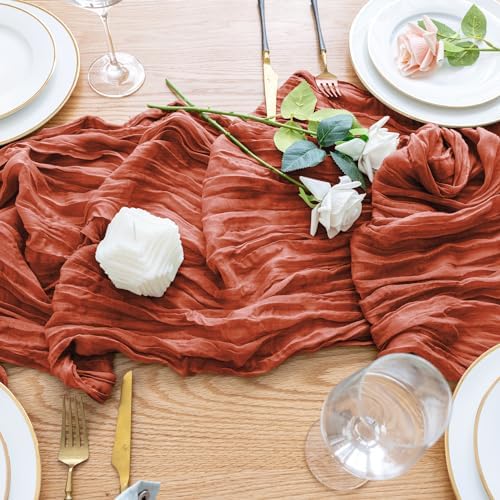 Wokceer Cheesecloth Fall Table Runner Terracotta 10FT Boho Gauze, 3 Pack