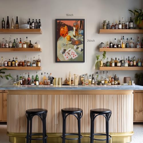 Cyebmo Vintage Cocktail Wall Art, Trendy Poker Dice Bar Wall Decor, Gambling Drink Still Life Poster Print, Retro Casino Game Room Aesthetic Picture for Dining Room Kitchen Wood Framed 16x24 Inch