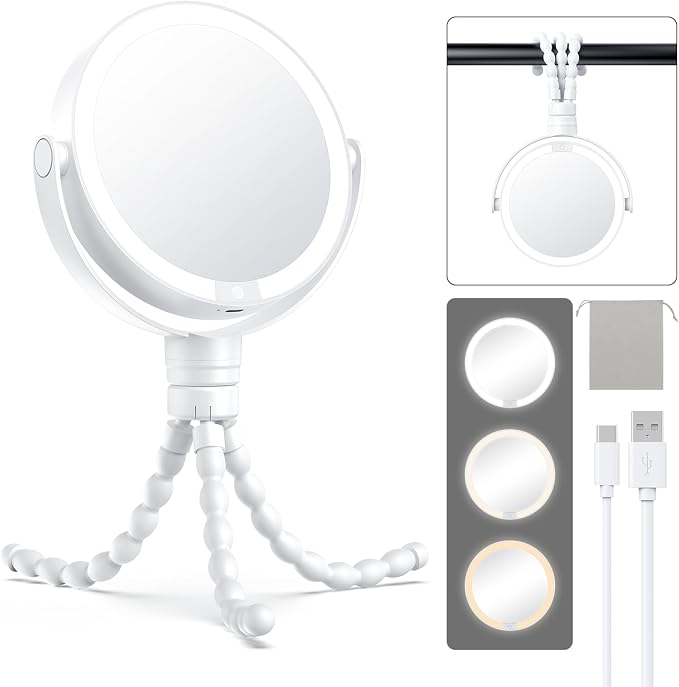 Gospire 5.85” Tripod Travel Makeup Mirror with Light and Magnification | 4 In 1, Winding Hanging Handheld Tabletop, 3 Light Colors, 1X/10X
