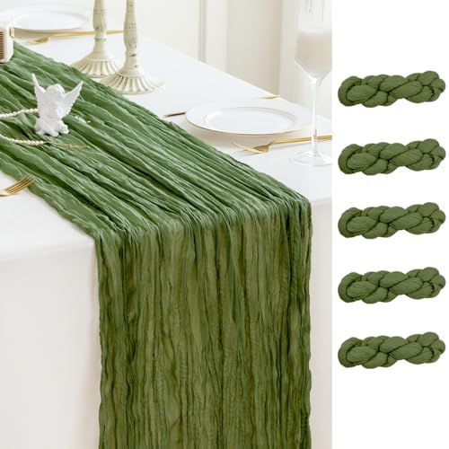 Sioloc 5 Pack Moss Green Cheesecloth Table Runner 120'' x 35'',Spring Easter Decor Soft Gauze Boho Wedding Table Decor for 10ft Table Birthday Party,Baby Shower, Bridal Shower, Home & Event Decor