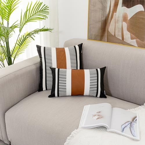 2 Pack 12x20 Lumbar Throw Pillow Covers, Faux Leather & Cotton Canvas with Black Stripes, Rectangular Decorative Pillow Case for Living Room, Sofa, Couch, Bedroom, Modern Farmhouse Home Decor