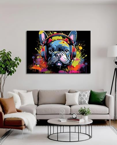 French Bulldog Wall Art Dog Wall Decor Black Poster Canvas Prints Graffiti Bulldog Wear Headphone Paintings for Living Room Bedroom Bathroom Home Office Decor Framed(Gog-4,12.00"x18.00")