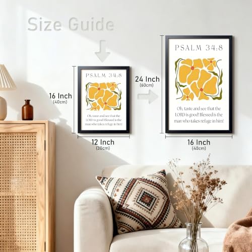 Framed Psalm 34:8 Bible Verse Wall Art, Christian Floral Canvas Wall Decor Painting, Boho Floral Religious Inspirational Scripture Print Poster Picture for Living Room Bedroom Prayer Room Home Decor 16x24 Inch