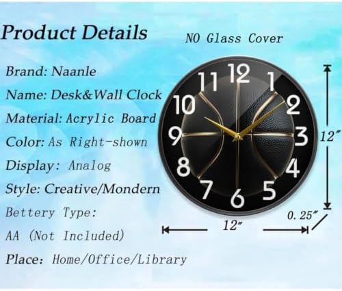 Naanle 3D Black Basketball with Gold Line Round Wall Clock, 12 Inch Silent Battery Operated Quartz Analog Quiet Desk Clock for Home,Office,School