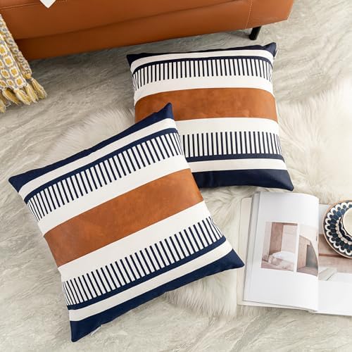 Decorative Accent Pillow Covers 20x20 Boho Couch Pillow Case Set of 2 Modern Farmhouse Stripe Cushion Cover for Sofa Bed Living Room, Navy Blue