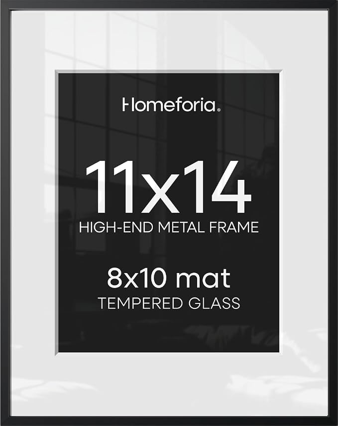 Homeforia 11x14 Black Picture Frame, High-End Metal, 8x10 Mat, Glass
