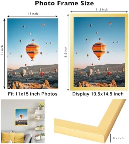 JCJMY 11x15 Gold Picture Frame Set of 6, Horizontal and Vertical Formats for Wall Hanging, 11 x 15 Wall Gallery Poster Photo Frames with Shatter Resistant Plexiglass, 6 Pack, Gold