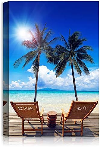 Vacation Personalized Canvas Prints Artwork with Couple's Names on Deck Chairs,Perfect Love Gift for Anniversary,Wedding.18x12 inches