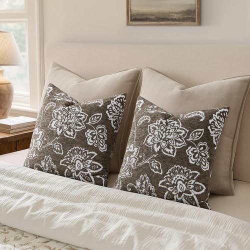 Set of 2 Chenille Floral Pillow Covers 18x18 Inch Taupe Grey