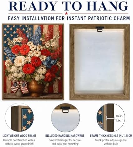American Flag Framed Canvas Wall Art, 4th of July Patriotic Canvas Prints | Boy Holding USA Flag Poster Print, Modern Independence Day Wall Decor for Living Room Kids Room Dining Room Office 6×8in