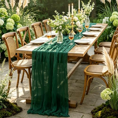 6Pcs Christmas Table Runner, 10FT Cheesecloth Emerald Green Table Runners 35*120inch Rustic Vintage Table Runner for Christmas Indoor Home Kitchen Table Party Decorations