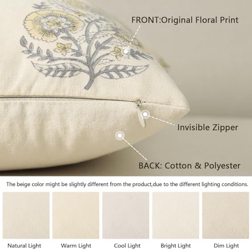 Summer Vintage Floral Print Pillow Covers 18x18 Set of 2 Patterned Accent Decorative Cushion Covers Modern Farmhouse Throw Pillow Covers for Sofa Couch Chair Bed Living Room Home Decor, Mellow Yellow