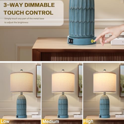 Cinkeda Coastal Table Bedside Lamps Set of 2, Farmhouse 3-Way Dimmable Touch Nightstand Lamp with 2 USB Charging Ports, Vintage Bedside Lamp for Bedroom Living Room End Table Retro Blue