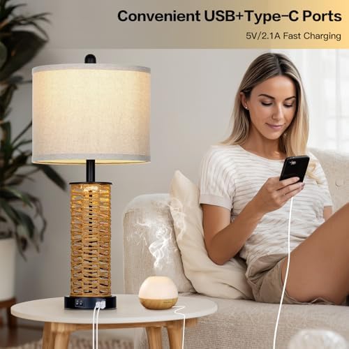 CINSARY 27" Boho Rattan Table Lamps Set of 2, Coastal Bedside Lamp with Night Light, Woven Wicker Bedroom Nightstand Lamps with USB A+C Charging Port, Tall Farmhouse Lamp for Living Room End Table
