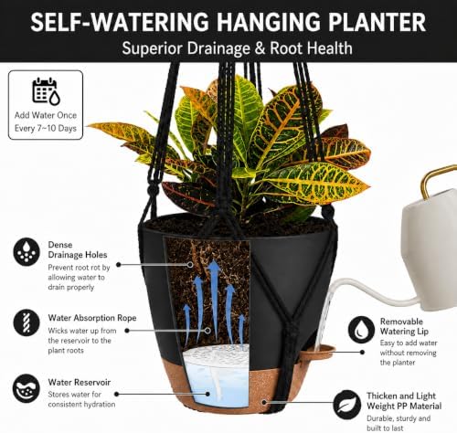 Bouqlife 3 Pack Self Watering Hanging Planters Macrame Plant Hangers with Indoor Flower Pots, 3 Different Size Hanging Basket, Plant Hanger with Hooks for Garden Home Decor Black