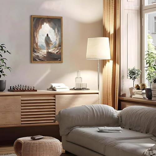 Jesus Leaves the Tomb Wall Art Easter Christian Wall Decor Painting Jesus Resurrection Artwork Religious 3D Textured Hand Drawn Sandstone for Bedroom Living Prayer Room 12x16 inch Wood Framed