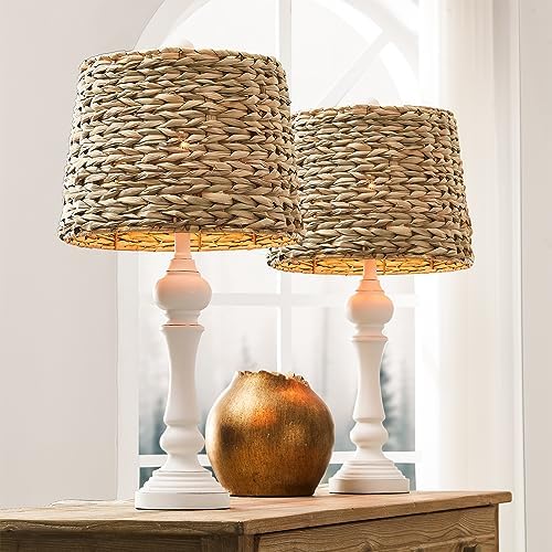 Maxax 26" Boho Rattan Table Lamps Set of 2 for Living Room, Coastal Bedside Lamps with Rattan Shade, Farmhouse Cottage Wicker Lamps, Rustic Resin Nightstand Lamps for Bedroom, White