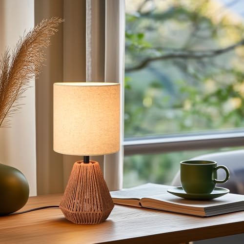 Boho Table Lamp with Linen Drum Shade, 14.17” Bedside Lamp with E26 Rattan Base for Living Room, Bedroom, Office – Natural Woven Style Accent Light, Bulb Not Included