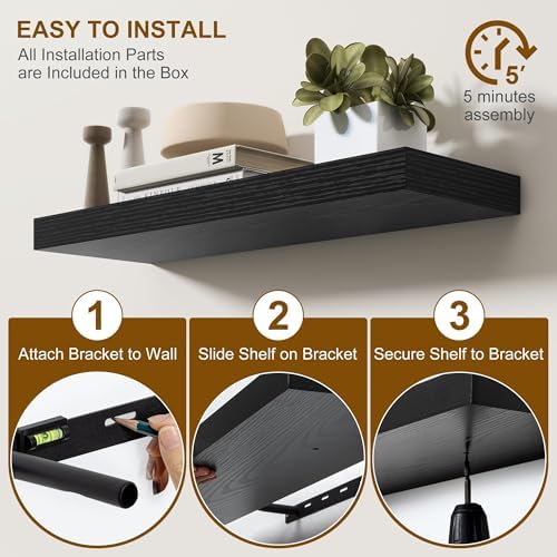 Fun Memories 72Inch Floating Shelves,Wall Mounted Rustic Wood Floating Shelf with Invisible Brackets for Storage & Decor,2 Pack Shelves for Bathroom,Bedroom and Kitchen,Black