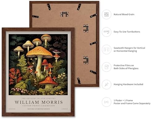 Poster Master William Morris Poster - Mushrooms Print - Flower Art - Farmhouse Illustration - Floral Illustration - Aesthetic Piece - Office or Living Room Decor - 16x20 Brown Framed