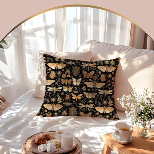 Vintage Dark Academia Butterfly Pillow Cover 18x18 Double-Sided, Gothic Golden Insect Beetle Entomology Moody Floral Decorative Throw Pillow Cover for Home Bedroom Living Room