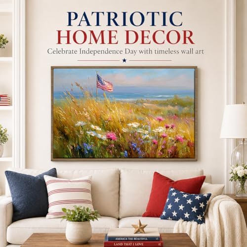 American Flag Framed Canvas Wall Art, 4th of July Patriotic Canvas Prints | Wildflower Landscape Poster Print, Vintage Rustic Independence Day Wall Decor for Bedroom Living Room Office 24×32in