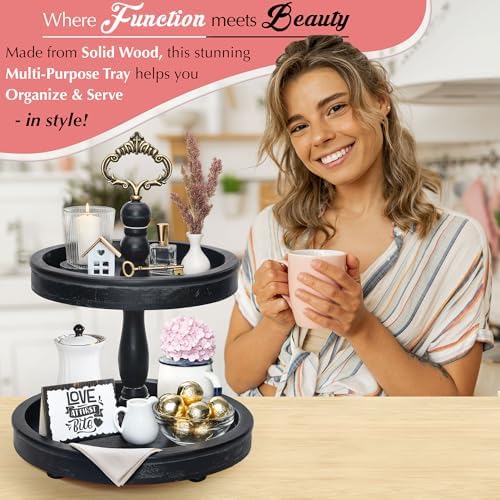 2 Tiered Tray Stand [Includes 3 Changeable Handles] - Rustic Cupcake Stand, Coffee Table Tiered Serving Tray for Kitchen Counter, Stunning Rustic Home Decor, Display Fruits, Plants, Candles (Black)