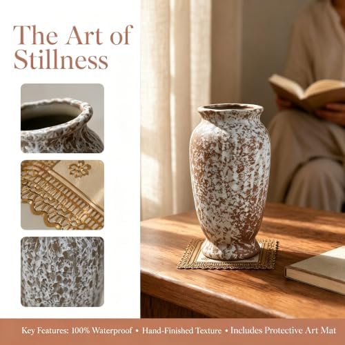AOZITA Ceramic Flower Vase,9.3" Tall Rustic Farmhouse Vase with Ribbed Texture, Vintage Home Decor for Living Room, Kitchen, Bedroom & Office, Terracotta