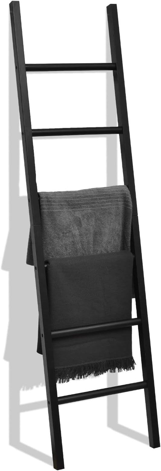 FUIN Blanket Ladder, 6ft Rustic Solid Wood Rectangle Decor Rack, Black | 6 rungs, farmhouse quilt display holder, organize towel and clothing, leaning wall, decorative living room and bathroom