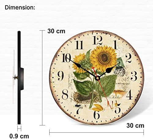 TAHEAT Vintage Floral Wall Clock, Yellow Summer Sunflower Kitchen Decor and Accessories, Decorative Battery Operated Clocks for Living Room Bedroom Bathroom Farmhouse, 12 Inch