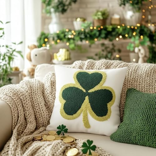 GEEORY St. Patrick's Day Decorations Pillow Covers - 18x18 Cotton Embroidered Shamrock Farmhouse Cushion Case for Sofa & Bed GX014-1-18