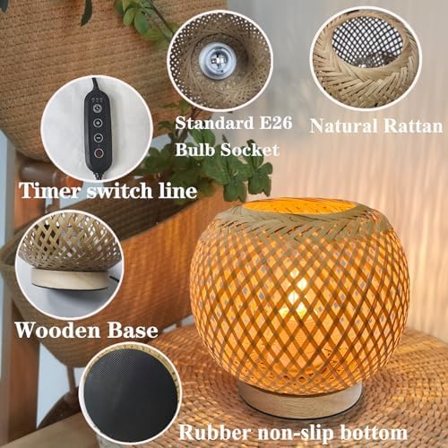 Small Rattan Lamp, Boho Table Lamp, Wicker Wooden Lamps with Dimmable & Timer Function, Boho Woven Lamps for Bedroom Living Room Desk Kids Room, 2700K G45 LED Bulb Included