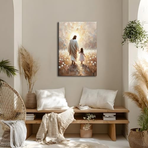 Jesus and Girl Wall Art Christian Kids Room Painting Wall Decor Jesus Walking with Girl Picture Prints Christian Religious Poster I Will Walk With Christ Canvas Artwork for Kids Room Church 12X16 Inch