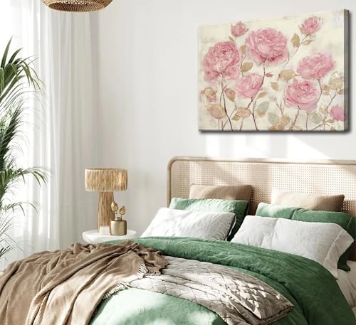 Vintage Pink Rose Canvas Wall Art Rustic Farmhouse Pink Gold Flower Abstract 3D Texture Painting Picture Wall Decor Poster Prints Artwork for Bedroom Apartment Woman's Room Home Decoration