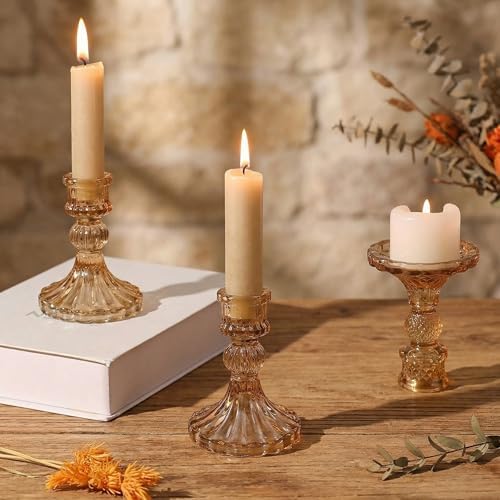 Amber Crystal Glass Candlestick Holders Set of 6, Vintage Taper Candle Holders for Dining Table, Wedding Centerpieces, Romantic, Thanksgiving Christmas Party Home Decor