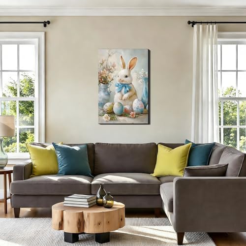 Easter Bunny with Blue Bow Canvas Wall Art, Framed Farmhouse Poster Prints for Kids Room, Cute Easter Eggs Pictures for Kitchen, Bathroom, Shelf Home Wall Decor,12x18 In