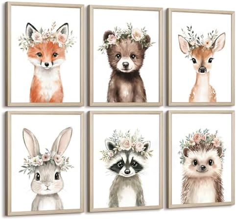 Woodland Animal Nursery Wall Art Decor Baby Girl Room Pictures Floral Crown Animal Canvas Wall Art Decor Safari Bear Fox Poster Floral Nursery Prints Artwork for Kids Bedroom 12x16x6 Inch Unframed