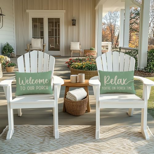PANDICORN Outdoor Pillow Covers 12x20 Welcome to Our Porch Eucalyptus Green